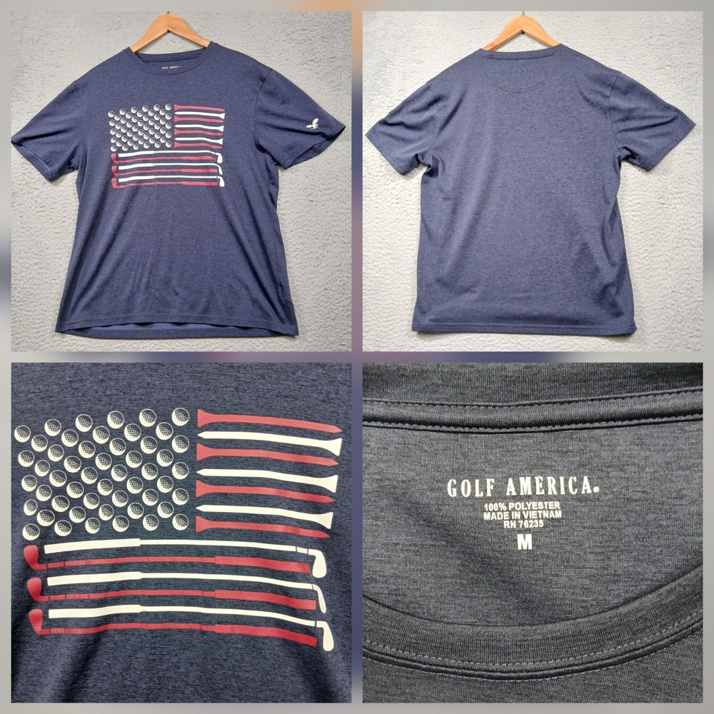 Golf America Shirt Mens Medium Blue Polyester Performance USA Flag Graphic‎ Tee